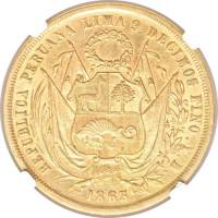 () Монета Перу 1863 год 20 солей ""  Биметалл (Платина - Золото)  UNC